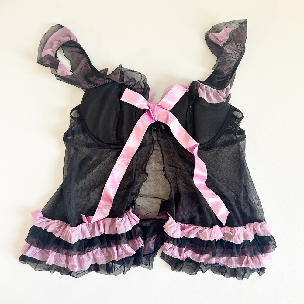 Jezebel Womens Black Pink Ruffle Coquette Dollcore Mesh Babydoll Lingerie Top M
